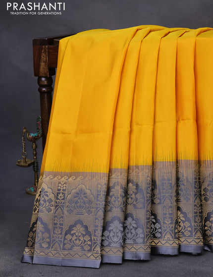 Pure soft silk saree mango yellow and grey with zari woven buttas and rich zari woven border