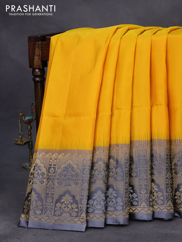 Pure soft silk saree mango yellow and grey with zari woven buttas and rich zari woven border