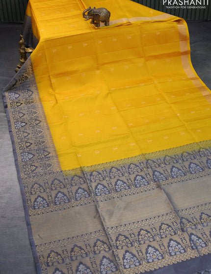 Pure soft silk saree mango yellow and grey with zari woven buttas and rich zari woven border