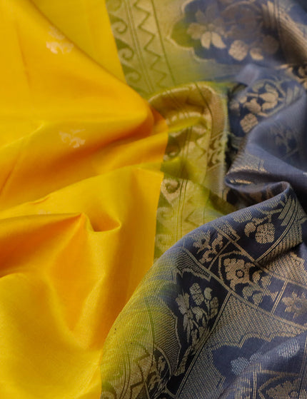 Pure soft silk saree mango yellow and grey with zari woven buttas and rich zari woven border