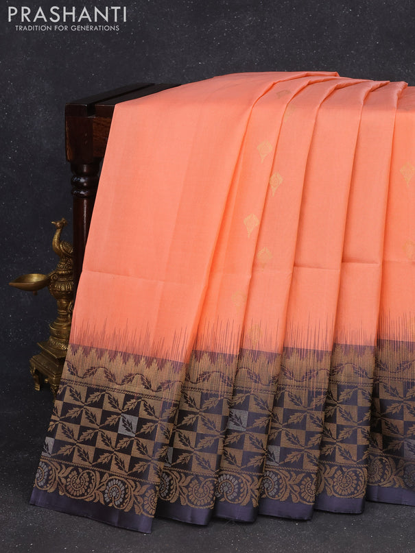 Pure soft silk saree peach orange and grey with zari woven buttas and rich zari woven border