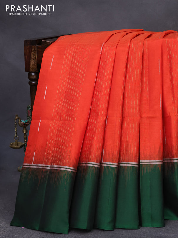 Pure soft silk saree orange and dark green with allover zari stripes & buttas and silver zari woven simple border