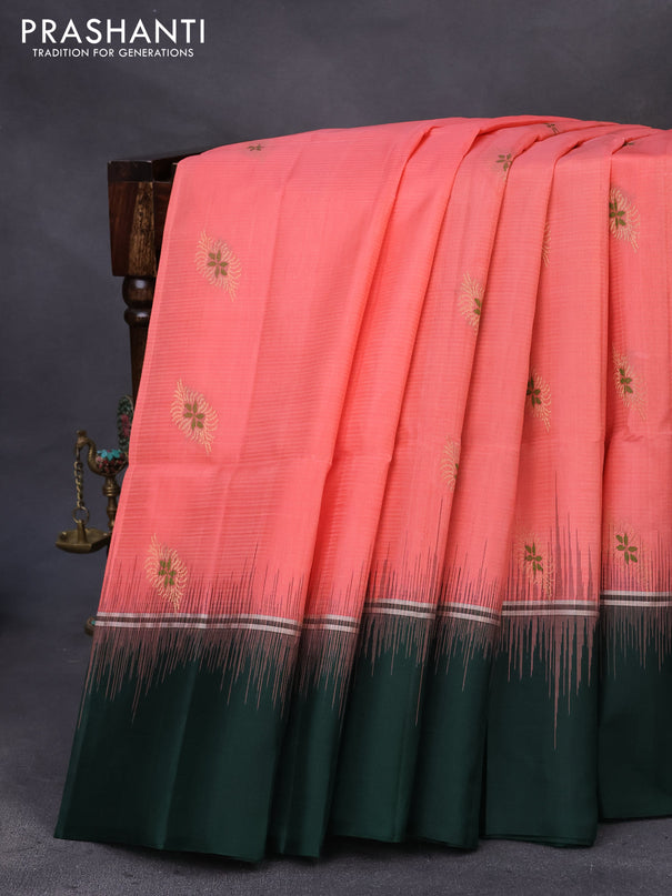 Pure soft silk saree peach pink and dark green with thread & zari woven buttas and silver zari woven simple border