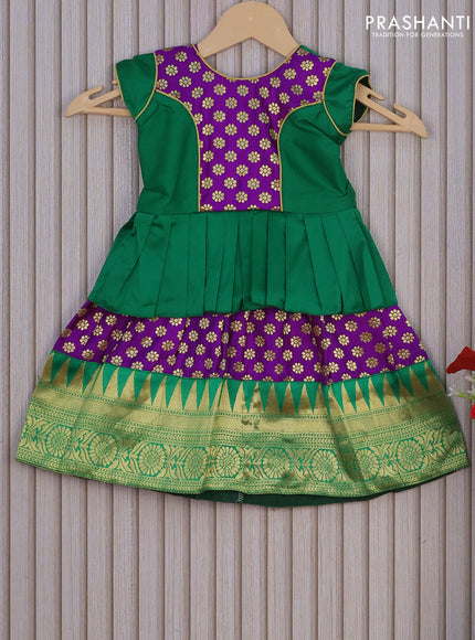 Banarasi kids lehenga green and purple with patch work neck pattern and zari buttas & zari woven border