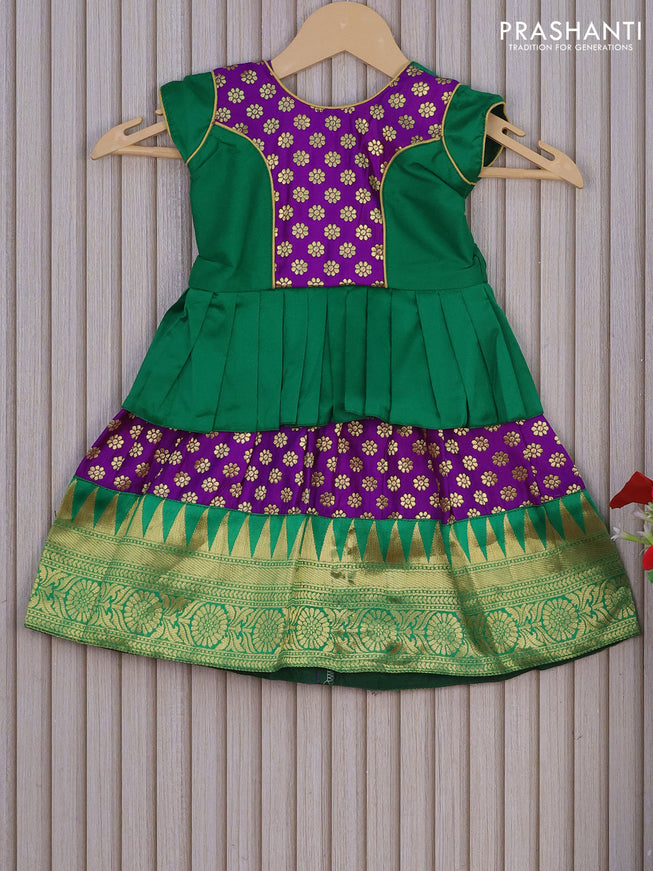 Banarasi kids lehenga green and purple with patch work neck pattern and zari buttas & zari woven border