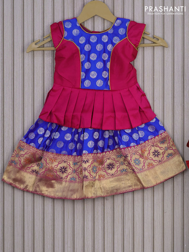 Banarasi kids lehenga pink and royal blue with patch work neck pattern and zari buttas & zari woven border