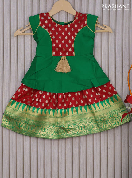 Banarasi kids lehenga green and red with patch work neck pattern and zari buttas & zari woven border