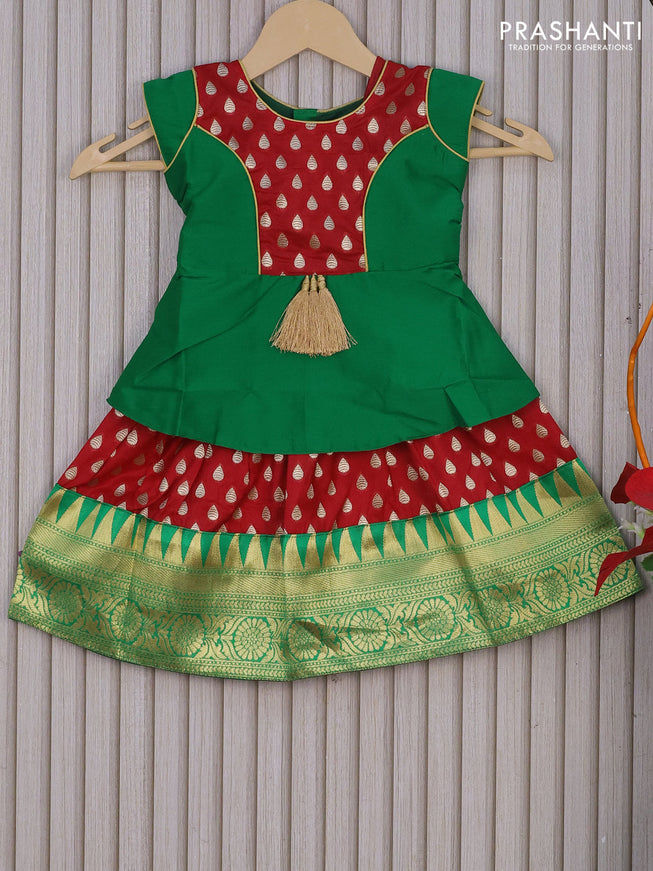 Banarasi kids lehenga green and red with patch work neck pattern and zari buttas & zari woven border