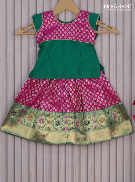 Banarasi kids lehenga green and purple with patch work neck pattern and zari buttas & zari woven border