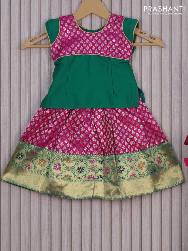 Banarasi kids lehenga green and purple with patch work neck pattern and zari buttas & zari woven border