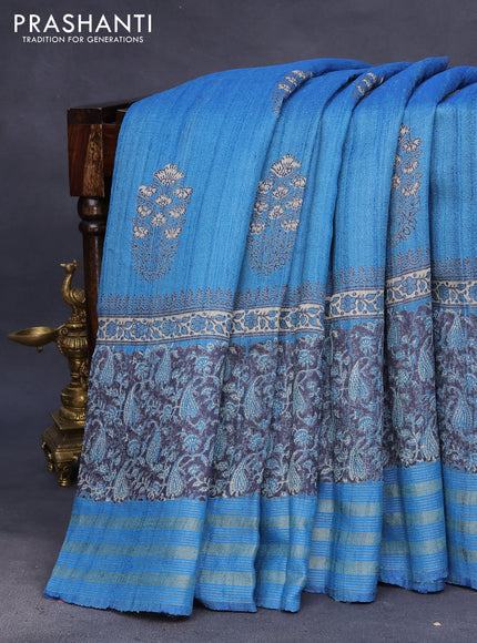 Banarasi tussar silk saree cs blue with allover prints and zari woven border