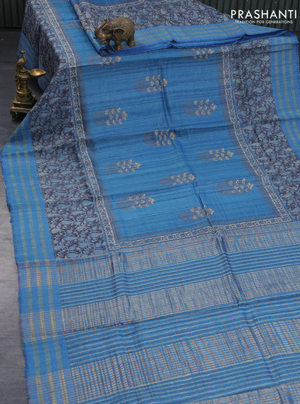 Banarasi tussar silk saree cs blue with allover prints and zari woven border