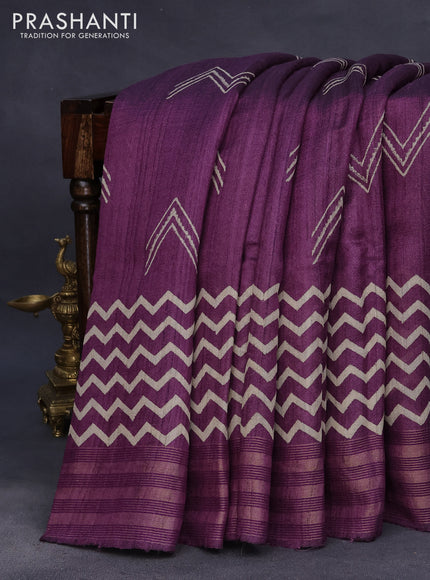 Banarasi tussar silk saree deep purple with allover prints and zari woven border