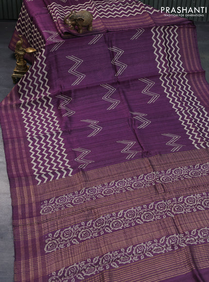 Banarasi tussar silk saree deep purple with allover prints and zari woven border