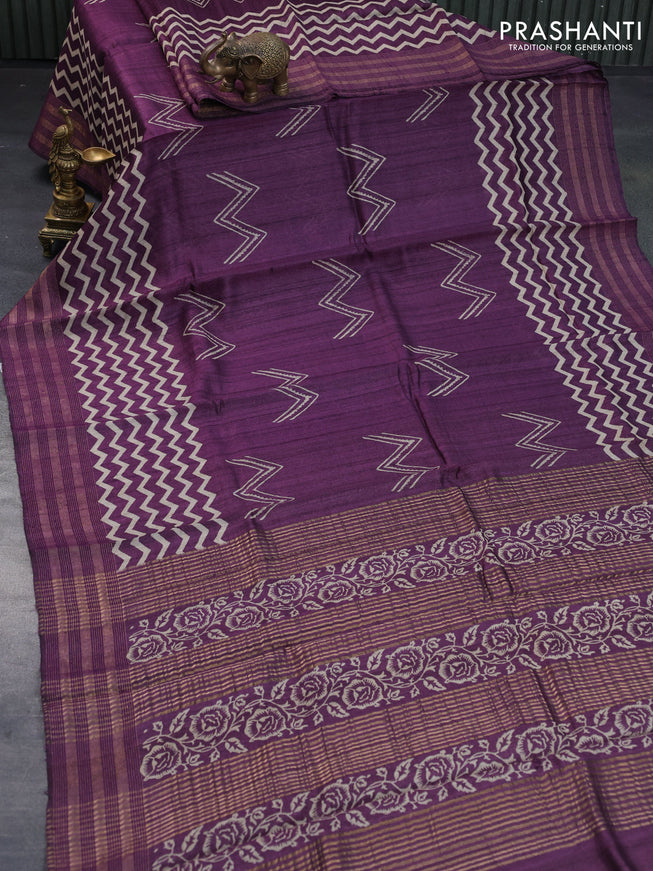 Banarasi tussar silk saree deep purple with allover prints and zari woven border