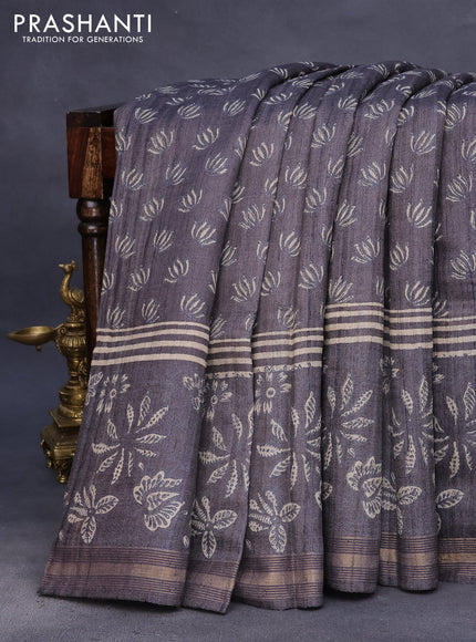 Banarasi tussar silk saree elephant grey with allover butta prints and zari woven border