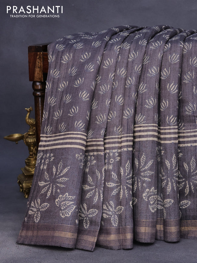 Banarasi tussar silk saree elephant grey with allover butta prints and zari woven border