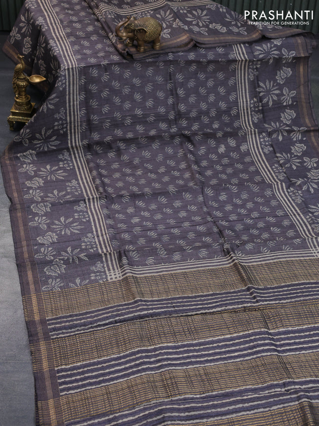 Banarasi tussar silk saree elephant grey with allover butta prints and zari woven border