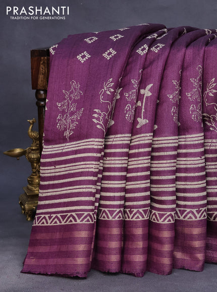 Banarasi tussar silk saree deep purple with allover prints and zari woven border