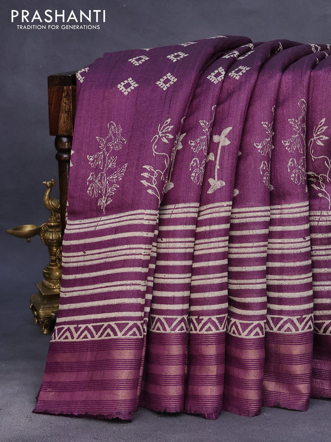 Banarasi tussar silk saree deep purple with allover prints and zari woven border