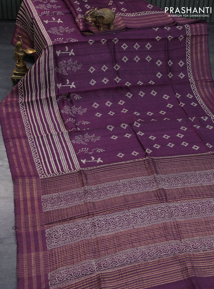 Banarasi tussar silk saree deep purple with allover prints and zari woven border