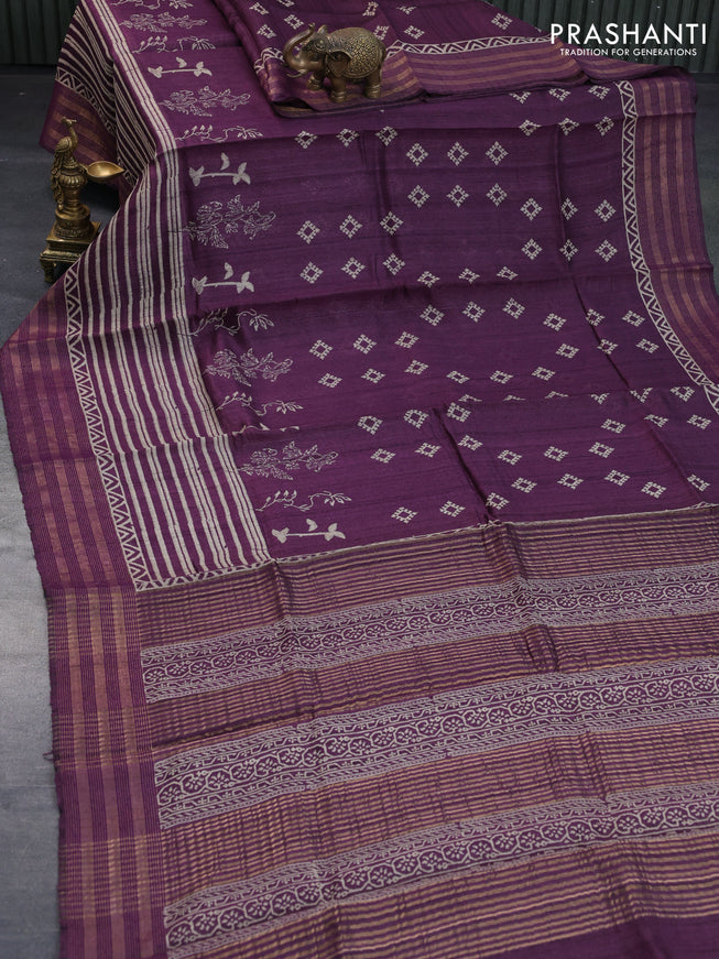 Banarasi tussar silk saree deep purple with allover prints and zari woven border