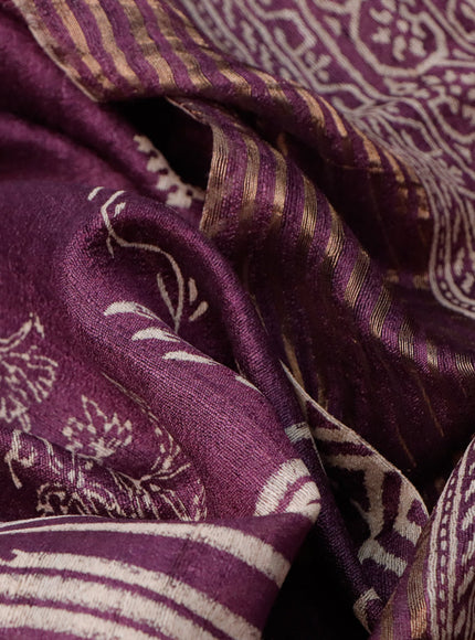 Banarasi tussar silk saree deep purple with allover prints and zari woven border