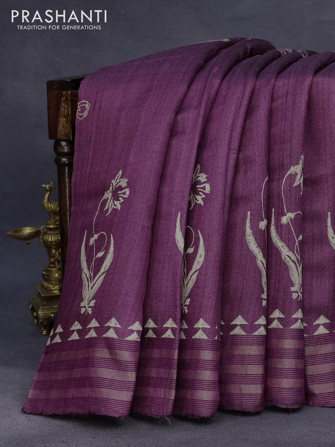 Banarasi tussar silk saree deep purple with butta prints and zari woven border