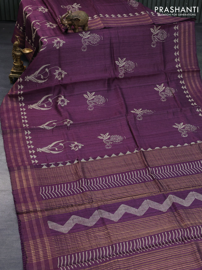 Banarasi tussar silk saree deep purple with butta prints and zari woven border