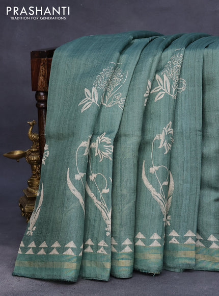 Banarasi tussar silk saree green shade with butta prints and zari woven border