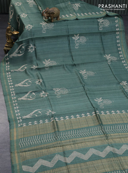 Banarasi tussar silk saree green shade with butta prints and zari woven border