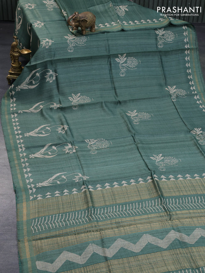 Banarasi tussar silk saree green shade with butta prints and zari woven border