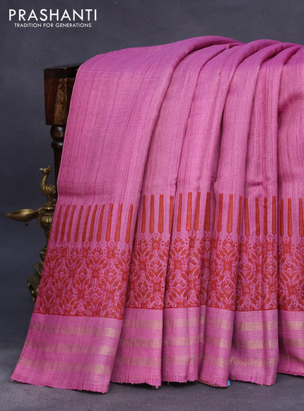 Banarasi tussar silk saree light pink with plain body and printed pallu