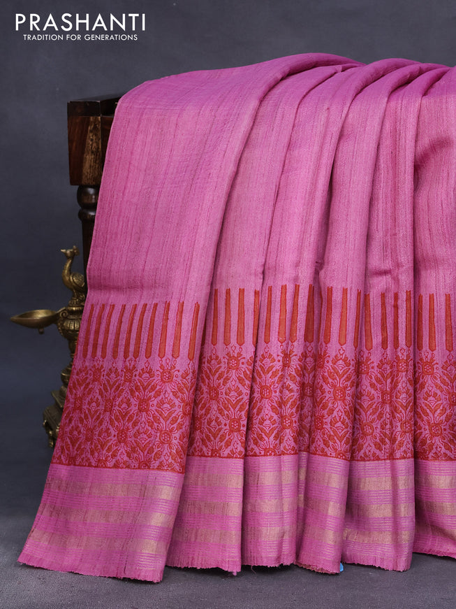 Banarasi tussar silk saree light pink with plain body and printed pallu