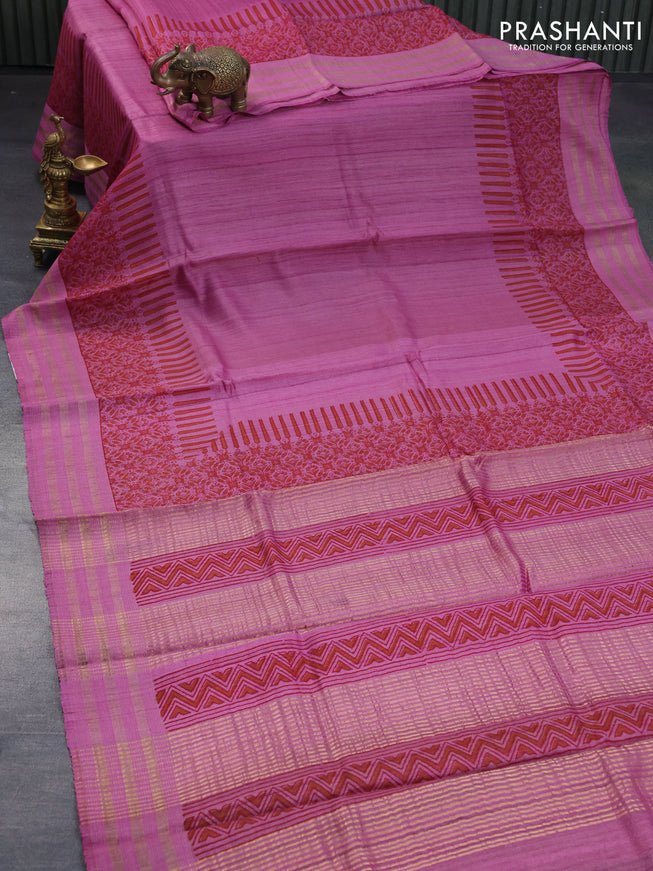 Banarasi tussar silk saree light pink with plain body and printed pallu