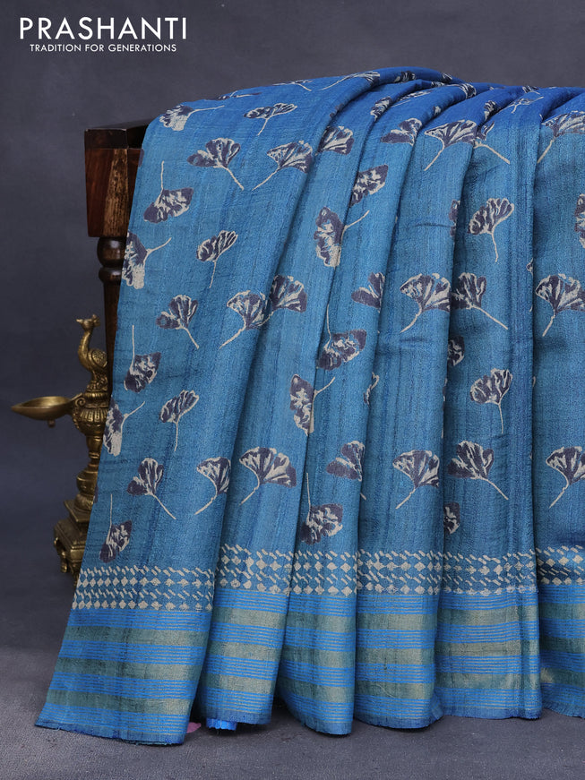 Banarasi tussar silk saree cs blue with butta prints and zari woven border