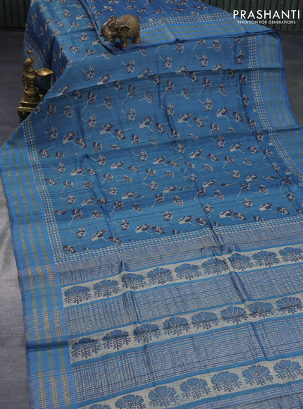 Banarasi tussar silk saree cs blue with butta prints and zari woven border