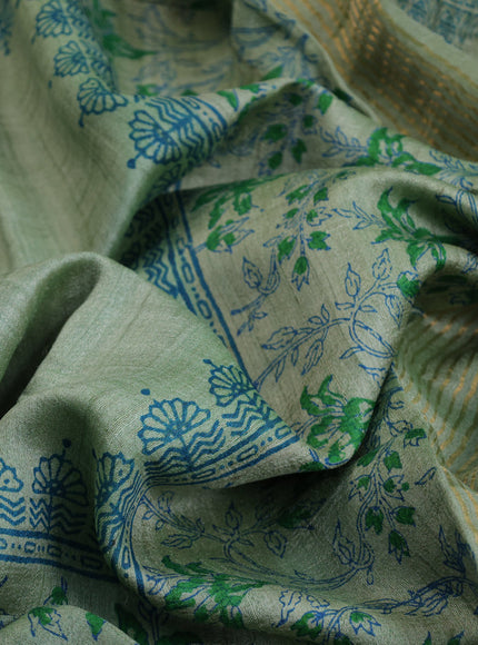 Banarasi tussar silk saree pastel green with plain body and printed pallu