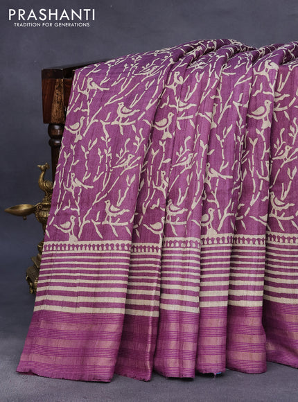 Banarasi tussar silk saree deep purple with allover prints and zari woven border