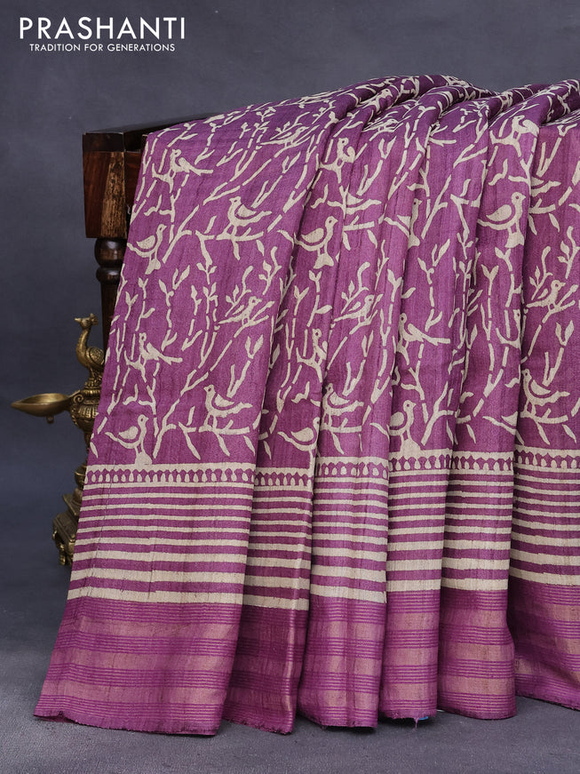 Banarasi tussar silk saree deep purple with allover prints and zari woven border