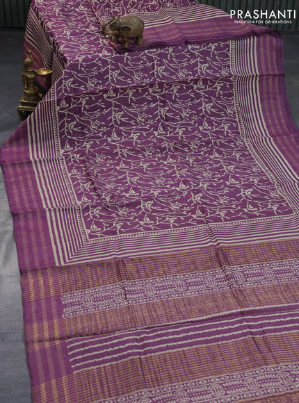 Banarasi tussar silk saree deep purple with allover prints and zari woven border