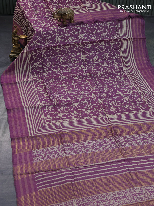 Banarasi tussar silk saree deep purple with allover prints and zari woven border