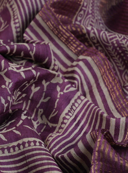 Banarasi tussar silk saree deep purple with allover prints and zari woven border