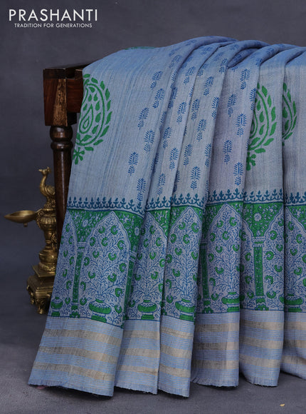 Banarasi tussar silk saree blue shade with butta prints and zari woven border