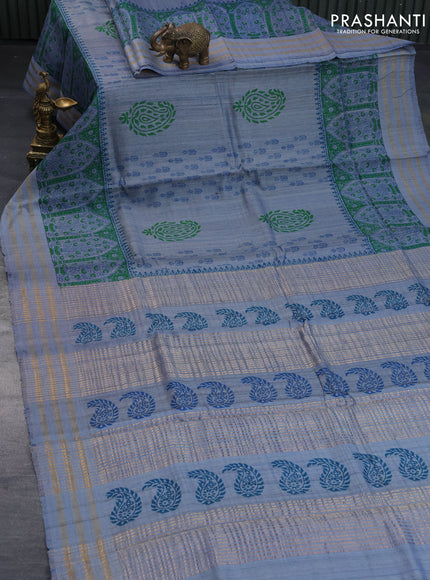 Banarasi tussar silk saree blue shade with butta prints and zari woven border