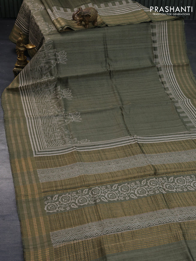 Banarasi tussar silk saree olive green with plain body and printed pallu