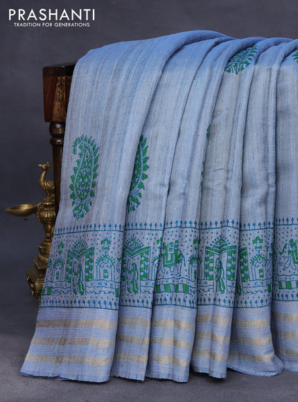 Banarasi tussar silk saree blue shade with plain body and printed pallu