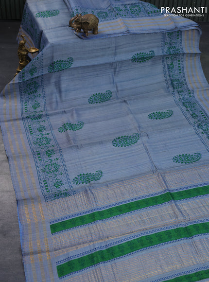 Banarasi tussar silk saree blue shade with plain body and printed pallu