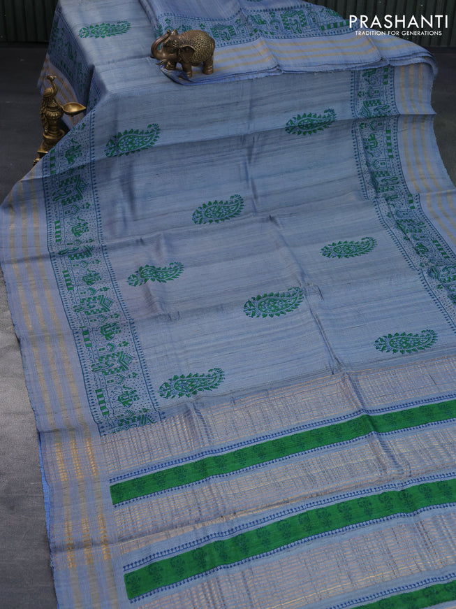 Banarasi tussar silk saree blue shade with plain body and printed pallu