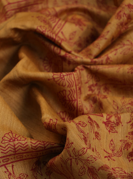 Banarasi tussar silk saree mustard yellow with plain body and printed pallu